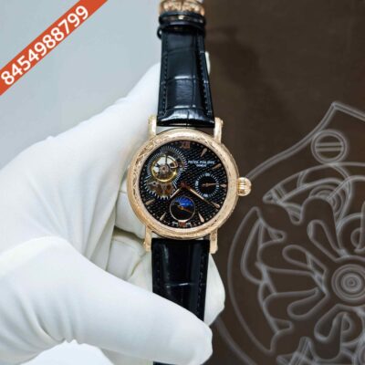 Patek Philippe Geneve Rose Gold Black Dial Black Leather strap Swiss Automatic Watch
