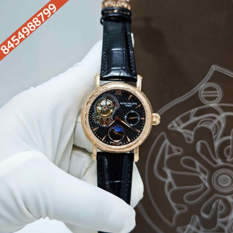 Patek Philippe Geneve Rose Gold Black Dial Black Leather strap Swiss Automatic Watch