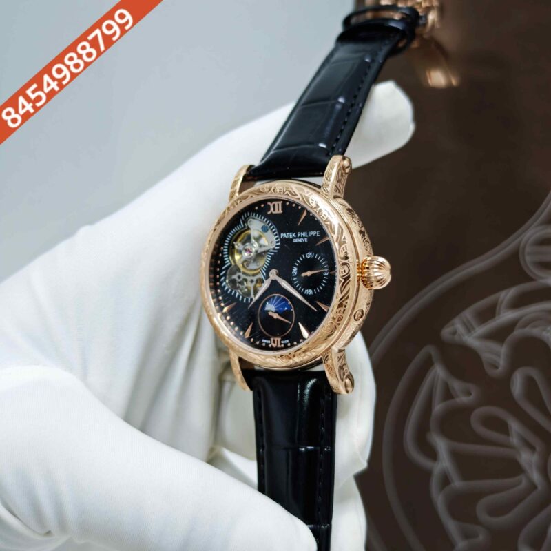Patek Philippe Geneve Rose Gold Black Dial Black Leather strap Swiss Automatic Watch - Image 2