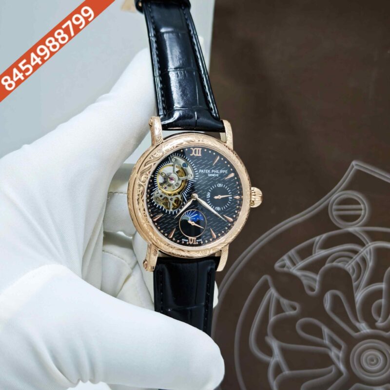 Patek Philippe Geneve Rose Gold Black Dial Black Leather strap Swiss Automatic Watch - Image 3