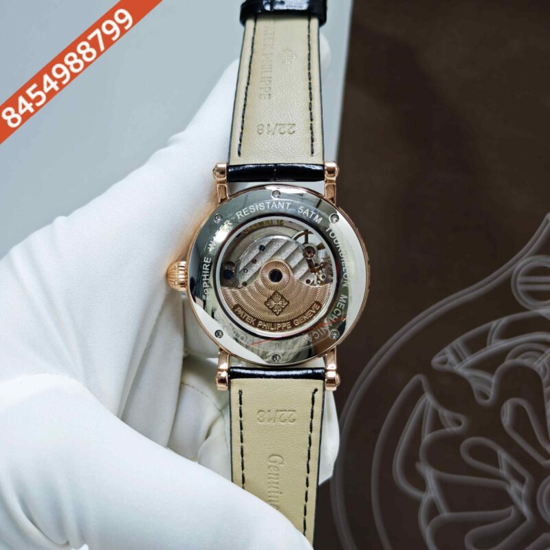 Patek Philippe Geneve Rose Gold Black Dial Black Leather strap Swiss Automatic Watch - Image 4