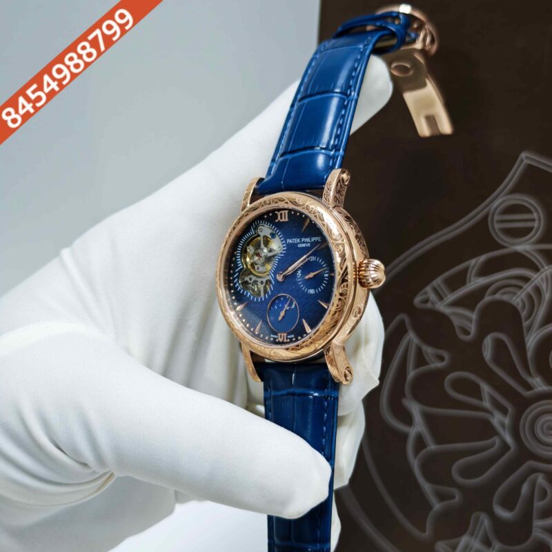 Patek Philippe Geneve Rose Gold Blue Dial Blue Leather strap Swiss Automatic Watch - Image 2