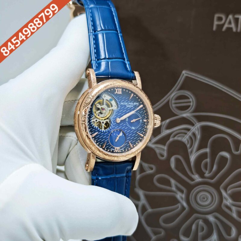 Patek Philippe Geneve Rose Gold Blue Dial Blue Leather strap Swiss Automatic Watch - Image 3