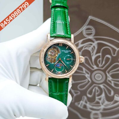 Patek Philippe Geneve Rose Gold Green Dial Green Leather strap Swiss Automatic Watch