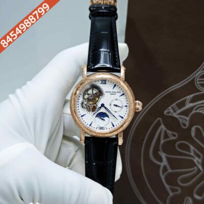 Patek Philippe Geneve Rose Gold White Dial Black Leather strap Swiss Automatic Watch