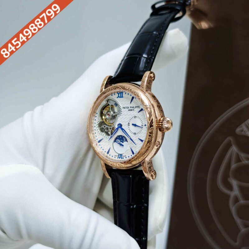 Patek Philippe Geneve Rose Gold White Dial Black Leather strap Swiss Automatic Watch - Image 2