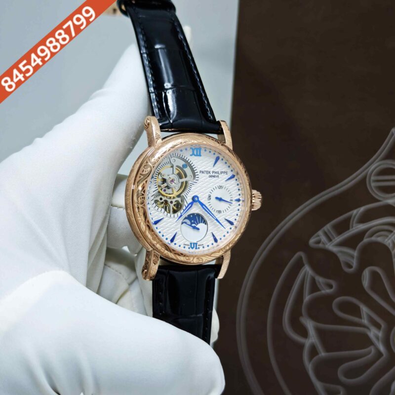 Patek Philippe Geneve Rose Gold White Dial Black Leather strap Swiss Automatic Watch - Image 3