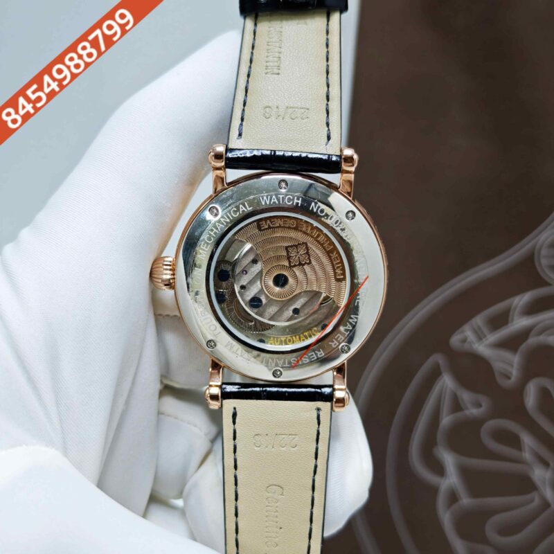 Patek Philippe Geneve Rose Gold White Dial Black Leather strap Swiss Automatic Watch - Image 4