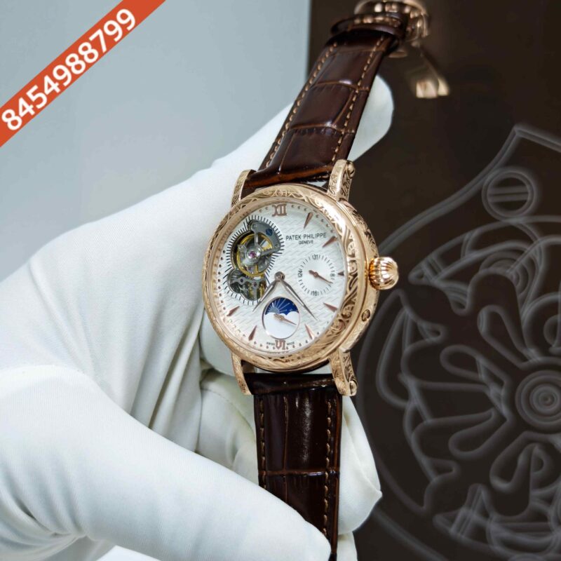 Patek Philippe Geneve Rose Gold White Dial Brown Leather strap Swiss Automatic Watch - Image 2