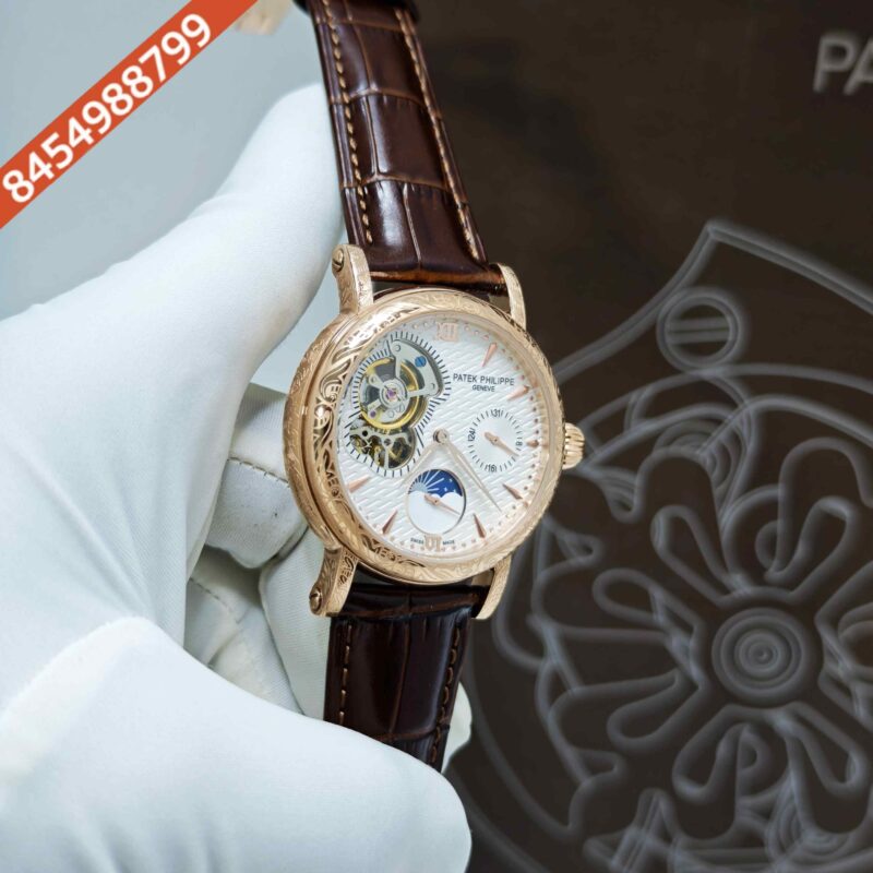Patek Philippe Geneve Rose Gold White Dial Brown Leather strap Swiss Automatic Watch - Image 3