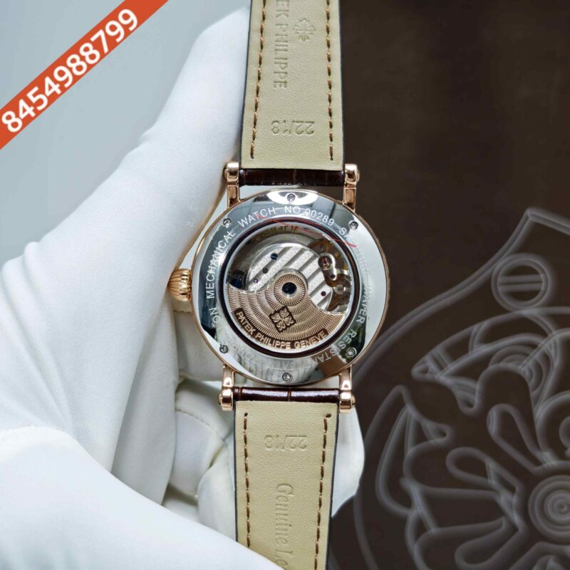 Patek Philippe Geneve Rose Gold White Dial Brown Leather strap Swiss Automatic Watch - Image 4