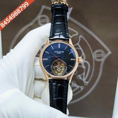 Patek Philippe Geneve Tourbillon Rose Gold Black Dial Leather Strap Swiss Automatic Watch