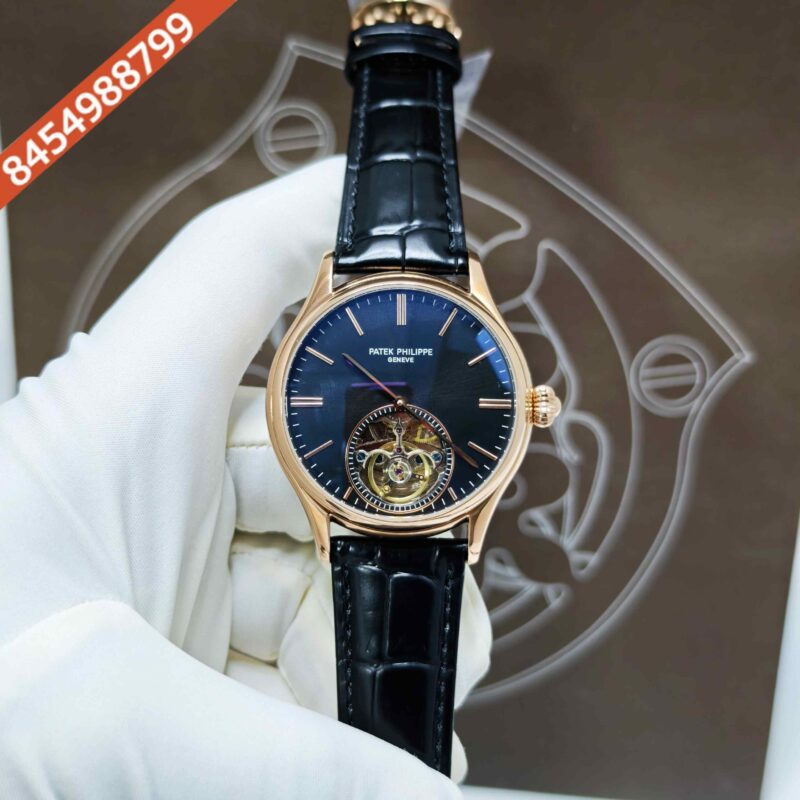 Patek Philippe Geneve Tourbillon Rose Gold Black Dial Leather Strap Swiss Automatic Watch