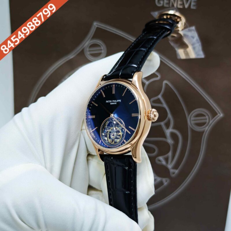 Patek Philippe Geneve Tourbillon Rose Gold Black Dial Leather Strap Swiss Automatic Watch - Image 2