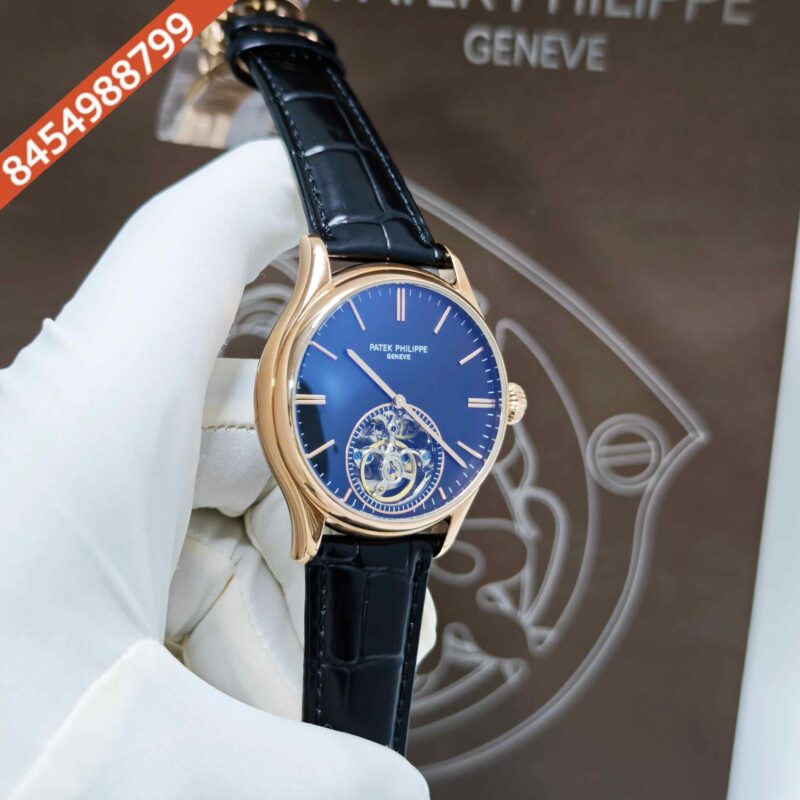 Patek Philippe Geneve Tourbillon Rose Gold Black Dial Leather Strap Swiss Automatic Watch - Image 3