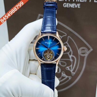Patek Philippe Geneve Tourbillon Rose Gold Blue Dial Leather Strap Swiss Automatic Watch