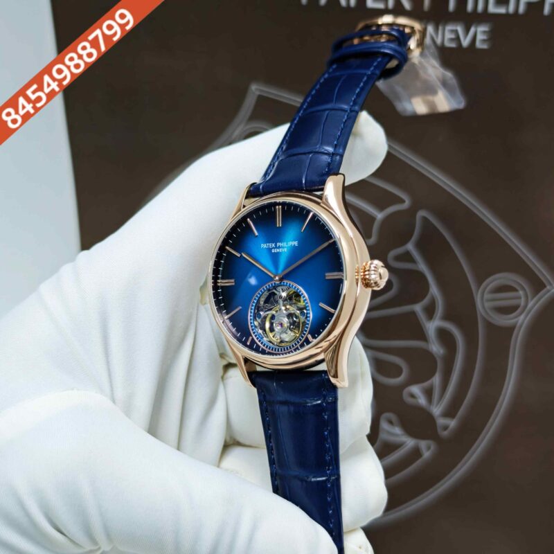Patek Philippe Geneve Tourbillon Rose Gold Blue Dial Leather Strap Swiss Automatic Watch - Image 2