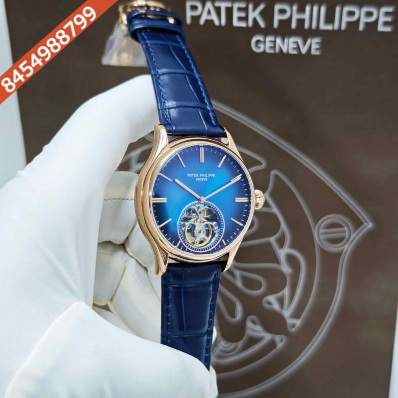 Patek Philippe Geneve Tourbillon Rose Gold Blue Dial Leather Strap Swiss Automatic Watch - Image 3
