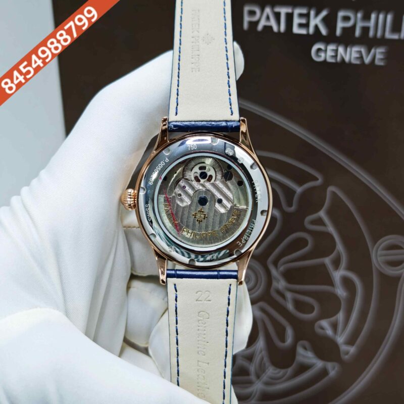 Patek Philippe Geneve Tourbillon Rose Gold Blue Dial Leather Strap Swiss Automatic Watch - Image 4