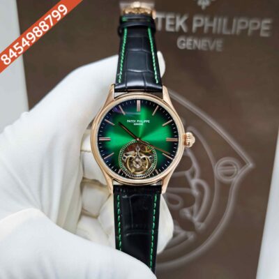 Patek Philippe Geneve Tourbillon Rose Gold Green Dial Black Leather Strap Swiss Automatic Watch