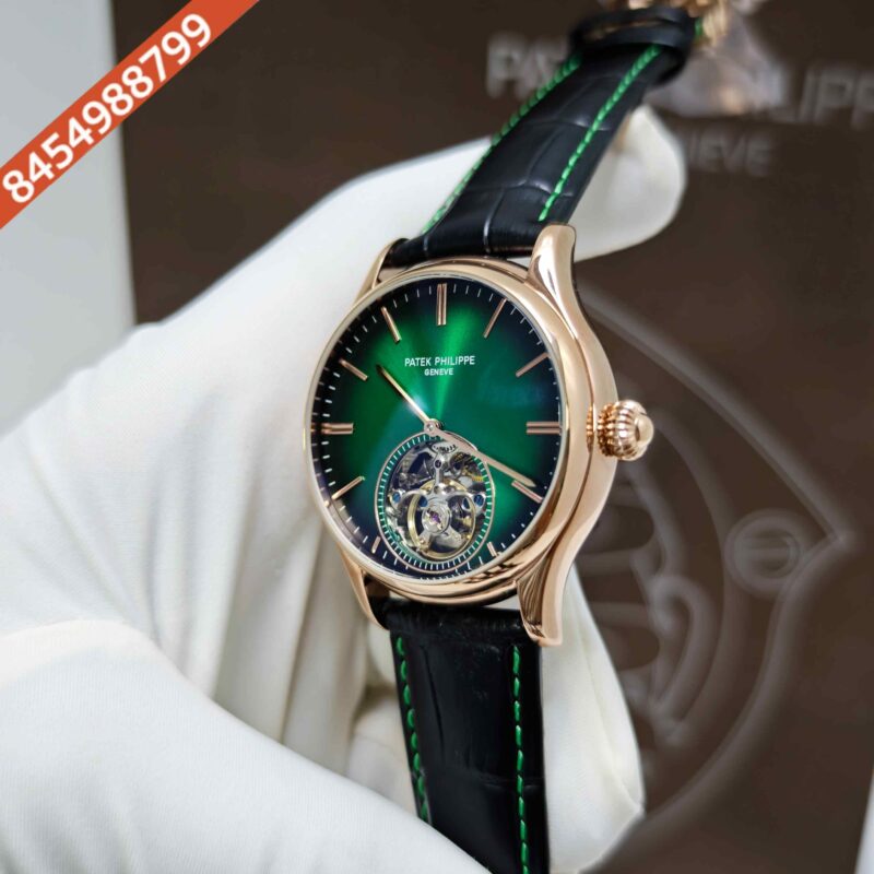 Patek Philippe Geneve Tourbillon Rose Gold Green Dial Black Leather Strap Swiss Automatic Watch - Image 2