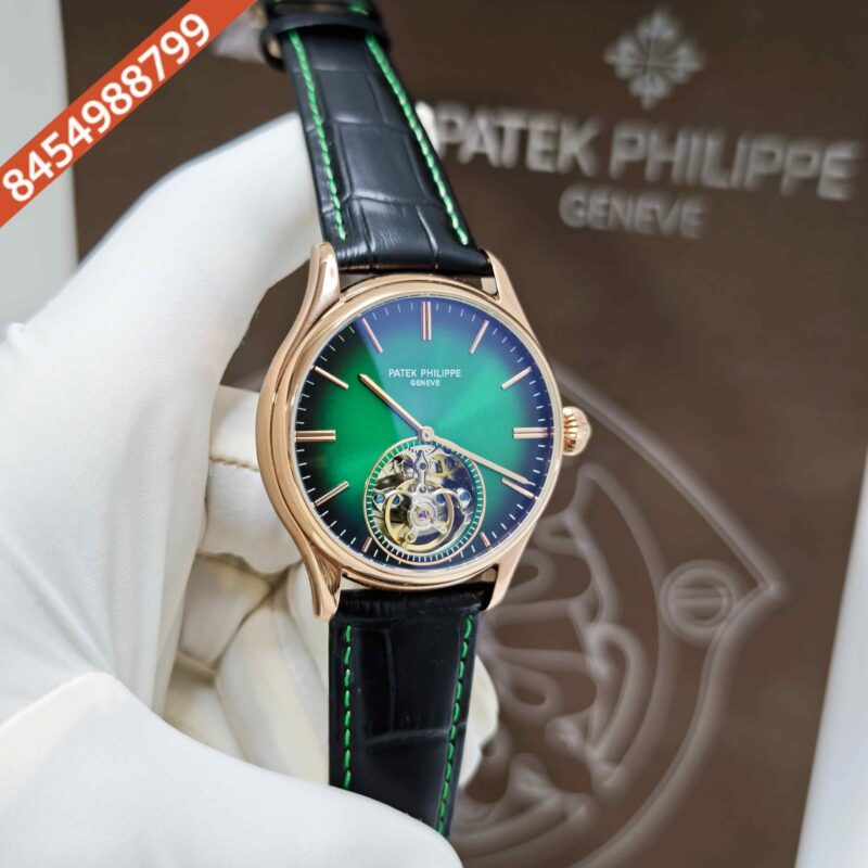 Patek Philippe Geneve Tourbillon Rose Gold Green Dial Black Leather Strap Swiss Automatic Watch - Image 3