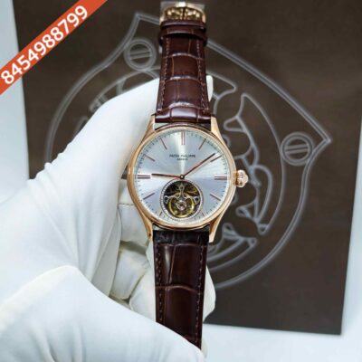 Patek Philippe Geneve Tourbillon Rose Gold Silver Dial Brown Leather Strap Swiss Automatic Watch
