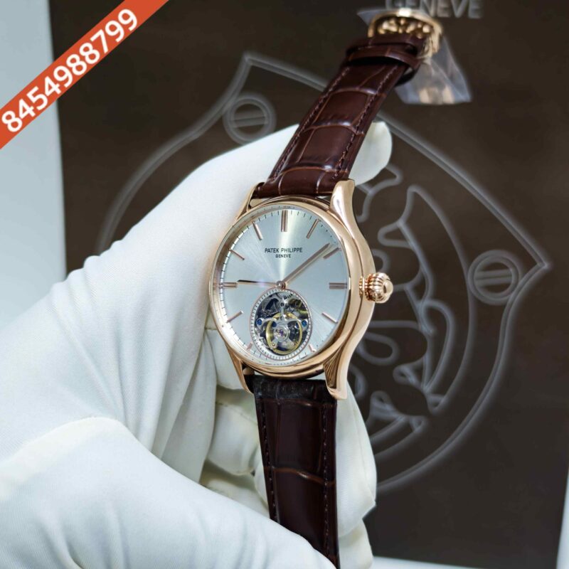 Patek Philippe Geneve Tourbillon Rose Gold Silver Dial Brown Leather Strap Swiss Automatic Watch - Image 2
