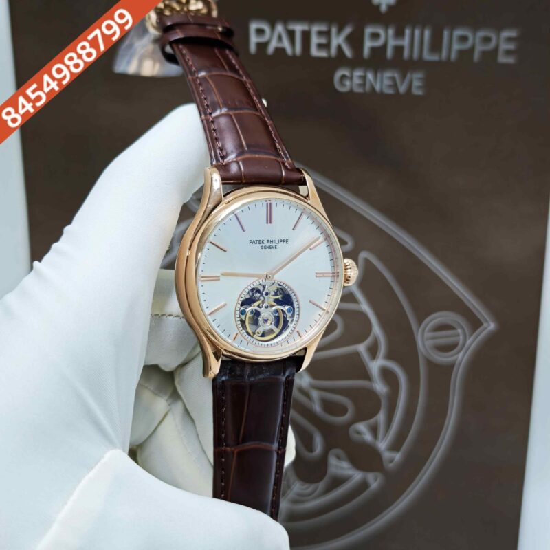 Patek Philippe Geneve Tourbillon Rose Gold Silver Dial Brown Leather Strap Swiss Automatic Watch - Image 3