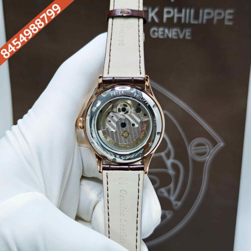 Patek Philippe Geneve Tourbillon Rose Gold Silver Dial Brown Leather Strap Swiss Automatic Watch - Image 4
