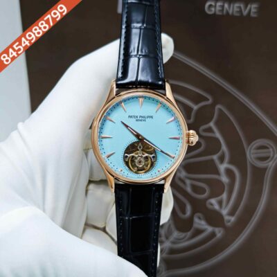 Patek Philippe Geneve Tourbillon Rose Gold Tiffeny Dial Black Leather Strap Swiss Automatic Watch