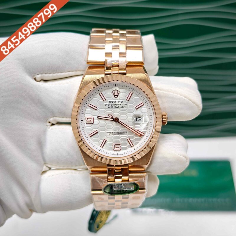 Rolex Oyster Perpetual Land-Dweller Full Rose Gold White Dial Swiss Automatic Watch