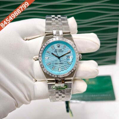 Rolex Oyster Perpetual Land-Dweller Full Silver Diamond Case Tiffeny Blue Dial Swiss Automatic Watch