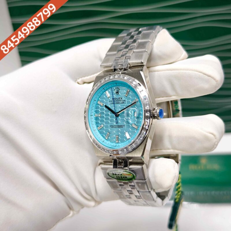 Rolex Oyster Perpetual Land-Dweller Full Silver Diamond Case Tiffeny Blue Dial Swiss Automatic Watch - Image 2