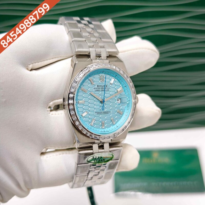 Rolex Oyster Perpetual Land-Dweller Full Silver Diamond Case Tiffeny Blue Dial Swiss Automatic Watch - Image 3