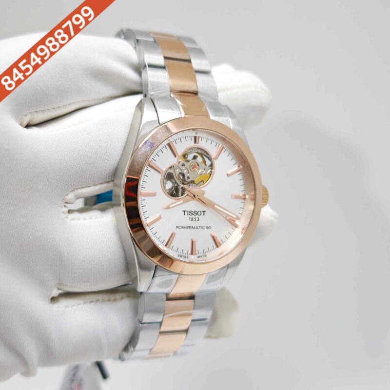 Tissot Gentleman Powermatic 80 Open Heart Rose Gold Dual Tone White Dial Swiss Automatic Watch - Image 3