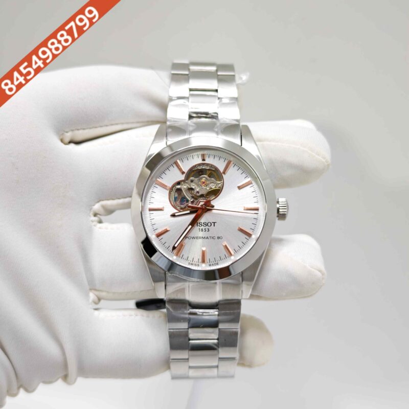 Tissot Gentleman Powermatic 80 Open Heart Steel Rose Gold Sticks Marker White Dial Swiss Automatic Watch