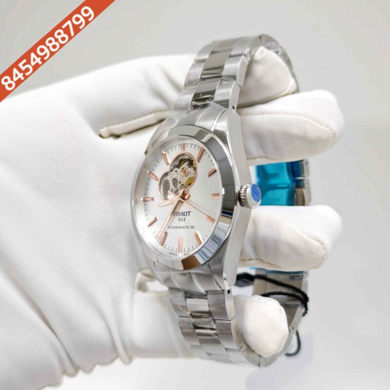 Tissot Gentleman Powermatic 80 Open Heart Steel Rose Gold Sticks Marker White Dial Swiss Automatic Watch - Image 2