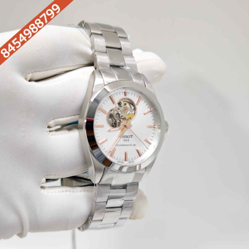 Tissot Gentleman Powermatic 80 Open Heart Steel Rose Gold Sticks Marker White Dial Swiss Automatic Watch - Image 3